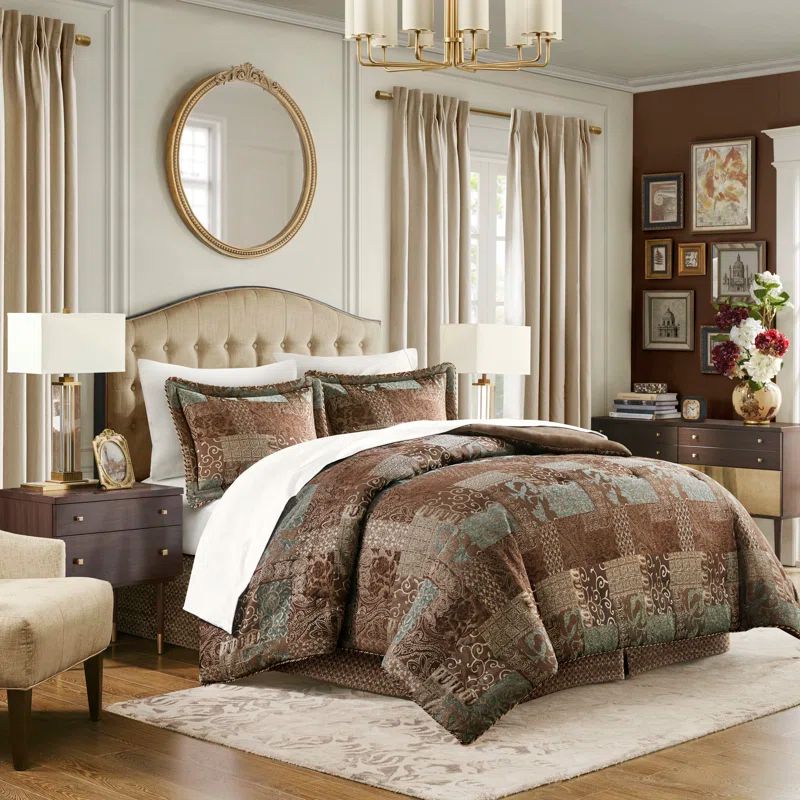 Queen Red Microfiber Patchwork Comforter Set with Shams and Bed Skirt