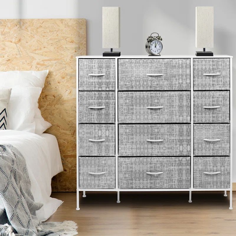 Gray and White 12-Drawer Steel Frame Dresser with Wood Top