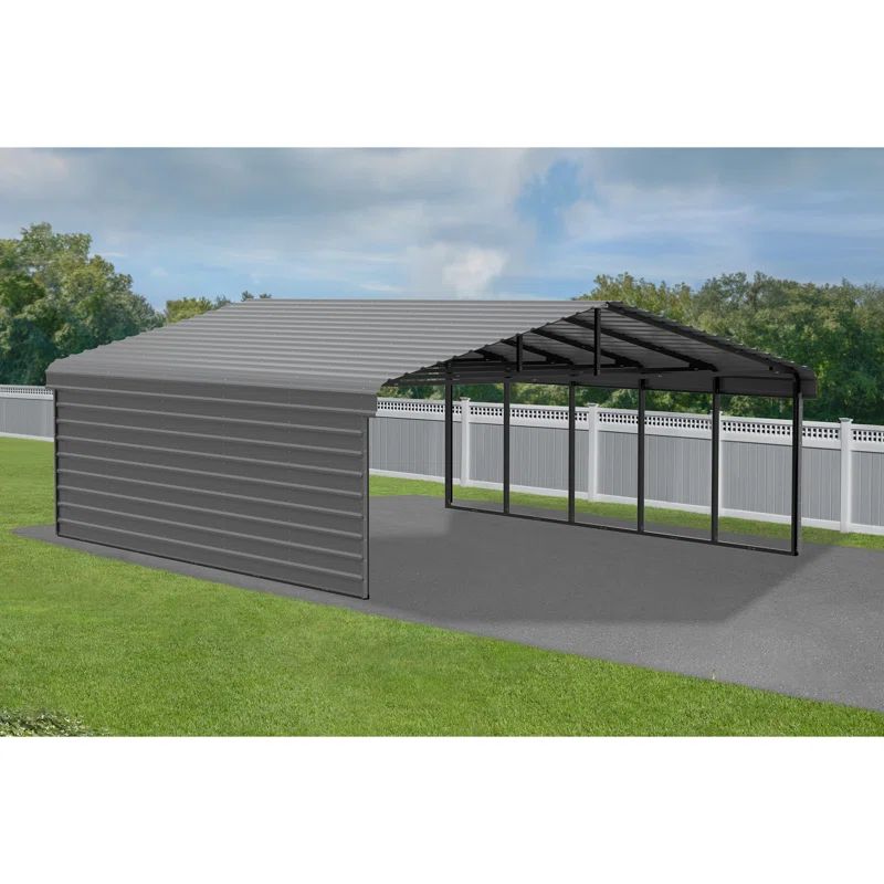 Charcoal Steel Carport Kit with 1-Sided Enclosure, 20' x 24'