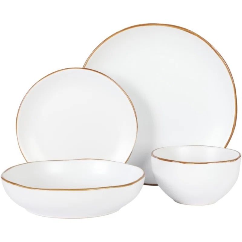 Hazeltine White Ceramic Dinnerware Set with Earthy Brown Edges, Service for 4