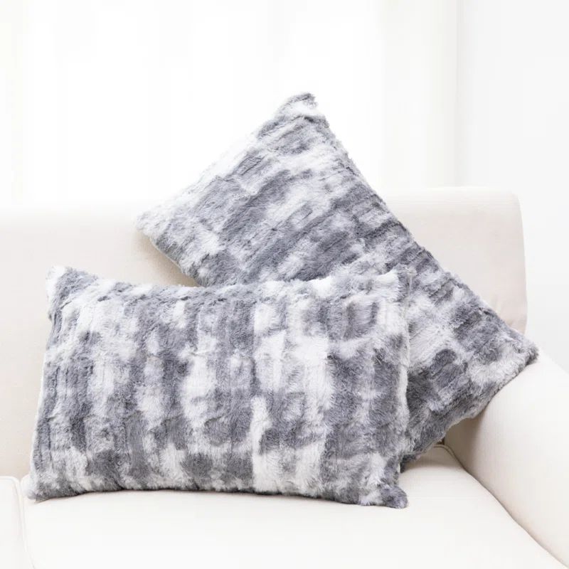 Marble Gray Faux Fur Decorative Throw Pillow Set, 12" x 20"