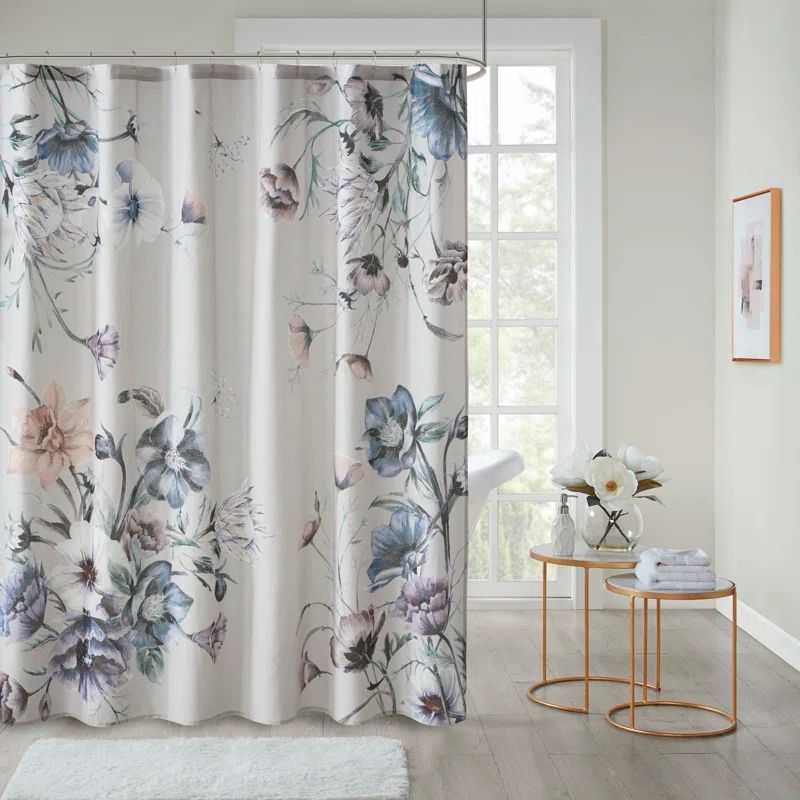 Cassandra Blue Floral Cotton Shower Curtain
