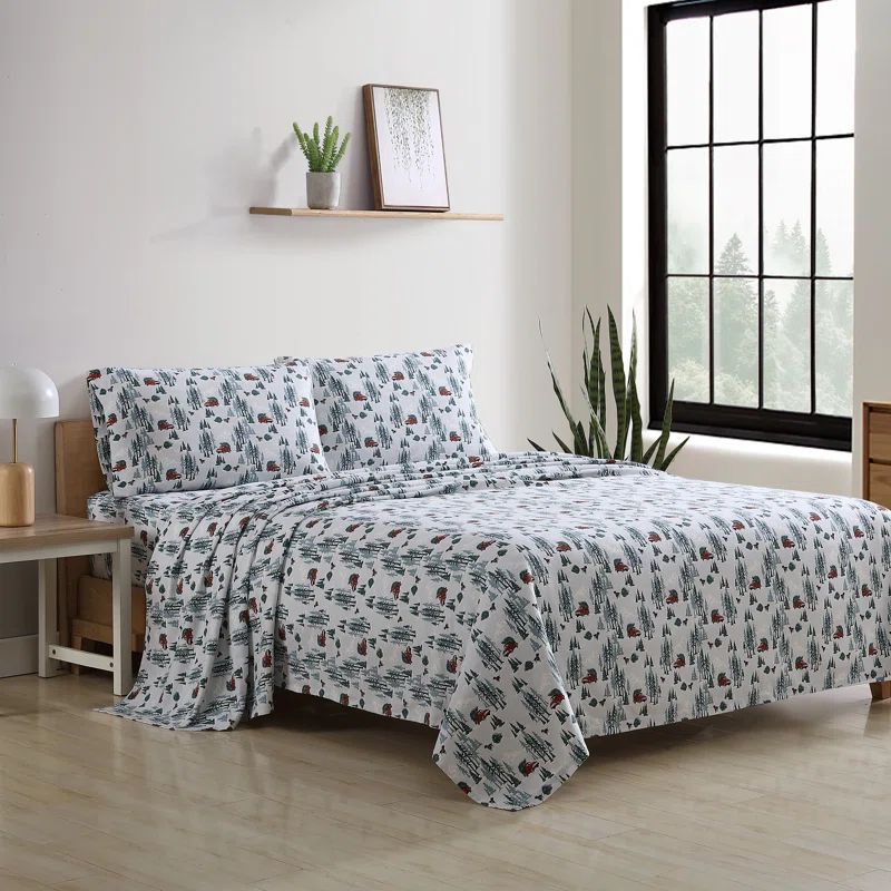 Gray Cotton Flannel Queen Sheet Set with Tree Farm Print