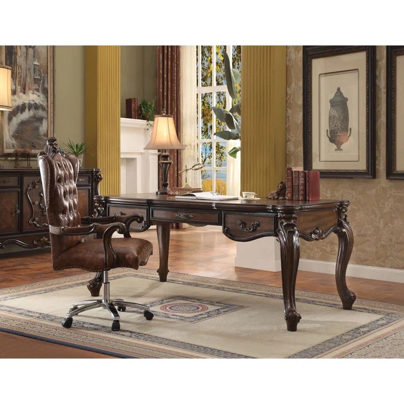 Regal Cherry Oak Executive Desk with Carved Scrollwork and Storage