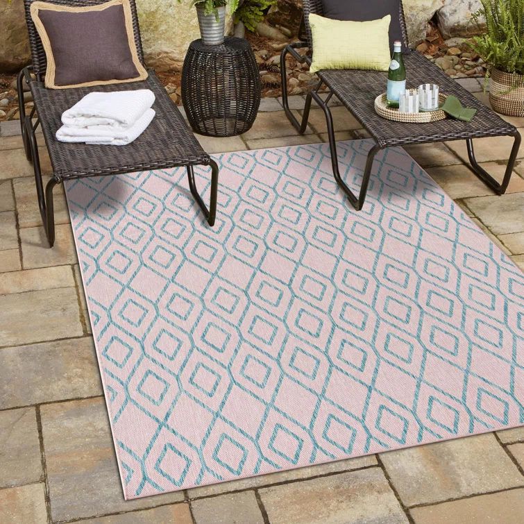 7' x 10' Pink and Aqua Synthetic Outdoor Trellis Area Rug