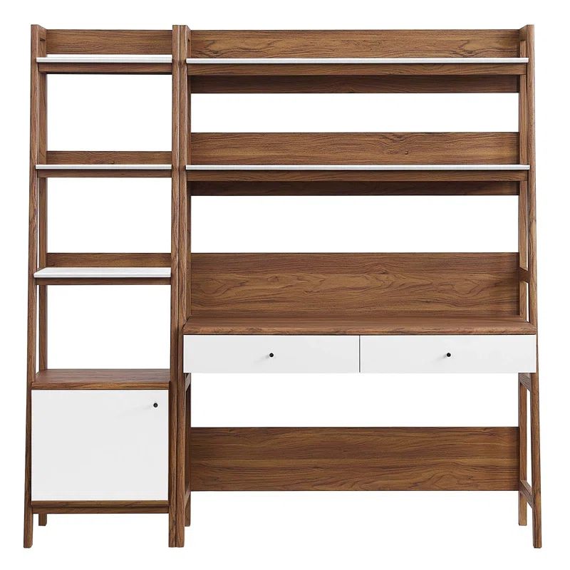 Walnut White 2-Piece Office Desk and Bookshelf Set