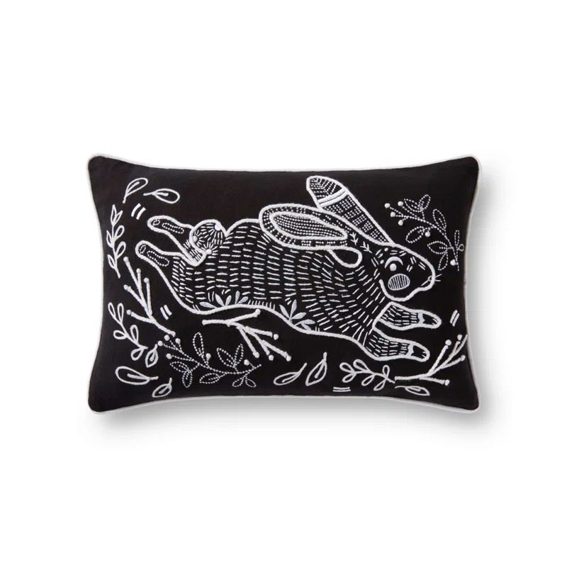 Black and White Embroidered Lumbar Pillow with Hare Design