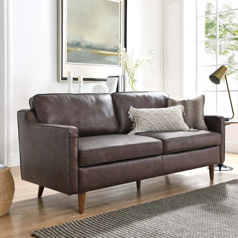 Brown Genuine Leather Mid-century Modern Sofa with Walnut Legs