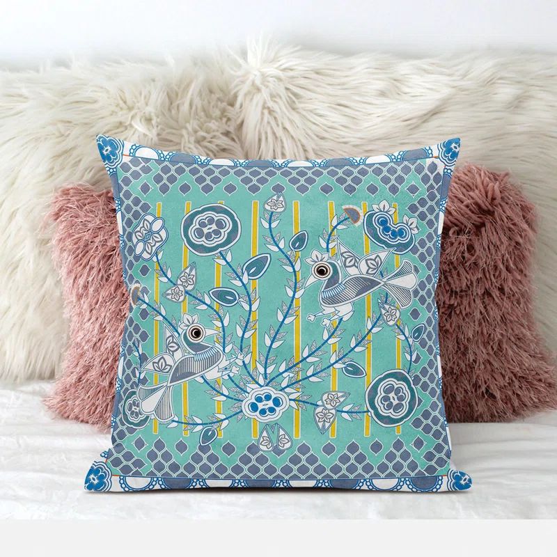 Muted Aqua and White Floral Broadcloth Throw Pillow 16" x 16"