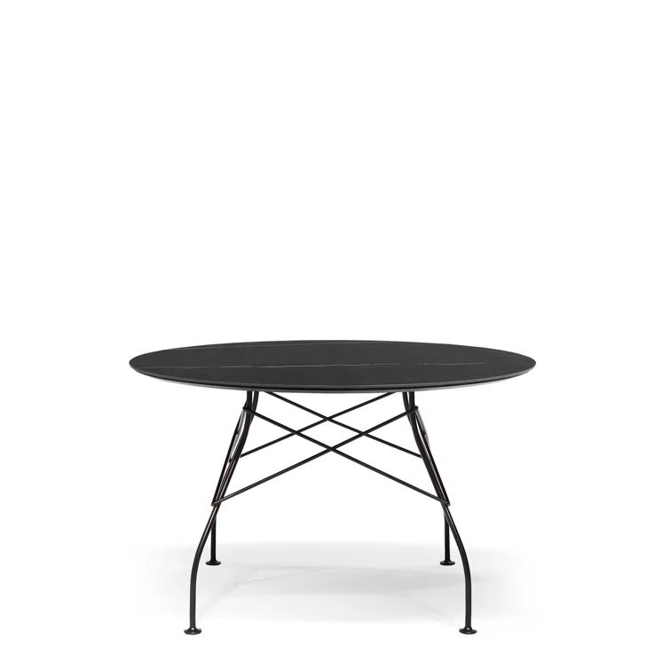 Casual 46" Black Marble Round Dining Table with Steel Cross Legs