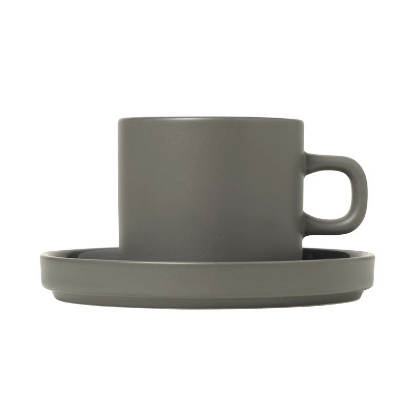 Pewter Ceramic Coffee Mug and Saucer Set