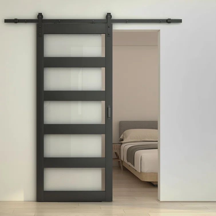 Black 36" x 84" Frosted Glass 5 Lite Sliding Barn Door Kit