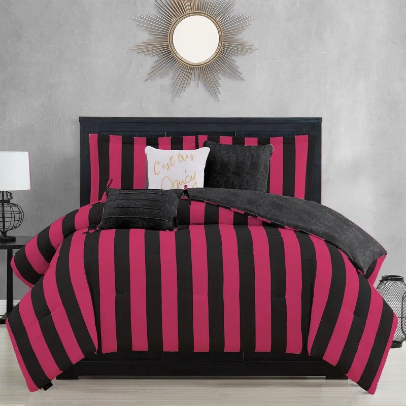 Full Black and Hot Pink Reversible Microfiber Bedding Set
