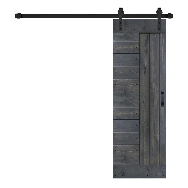 Carbon Gray Solid Knotty Pine Wood Sliding Barn Door Kit with Black Hardware