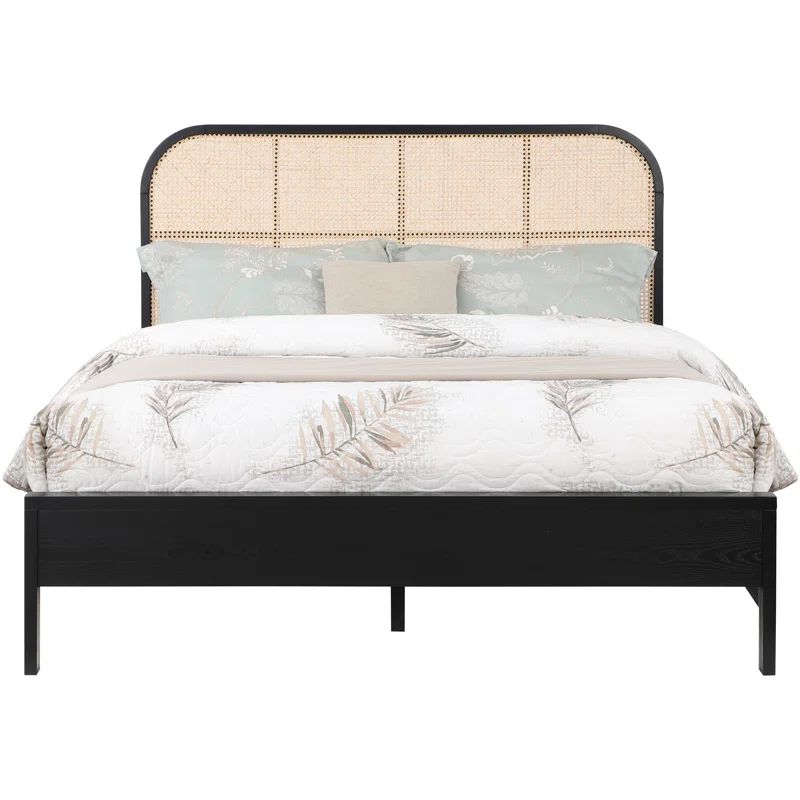 Black King Wood Frame Bed with Cane Headboard