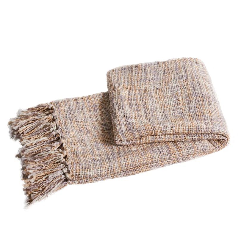 Yellow and Beige Knitted Polyester Reversible Throw Blanket