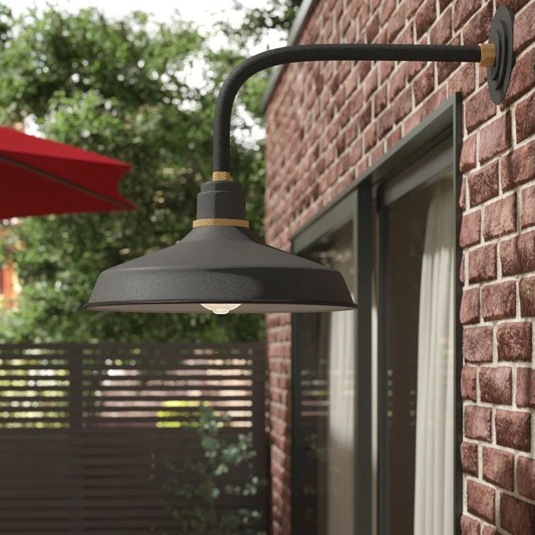 Textured Black 1-Light Outdoor Gooseneck Barn Sconce with Brass Details