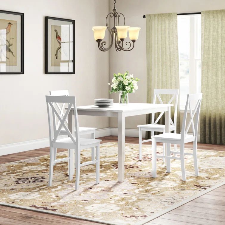 Farmhouse White 5-Piece Solid Rubberwood Dining Set with X-Back Chairs