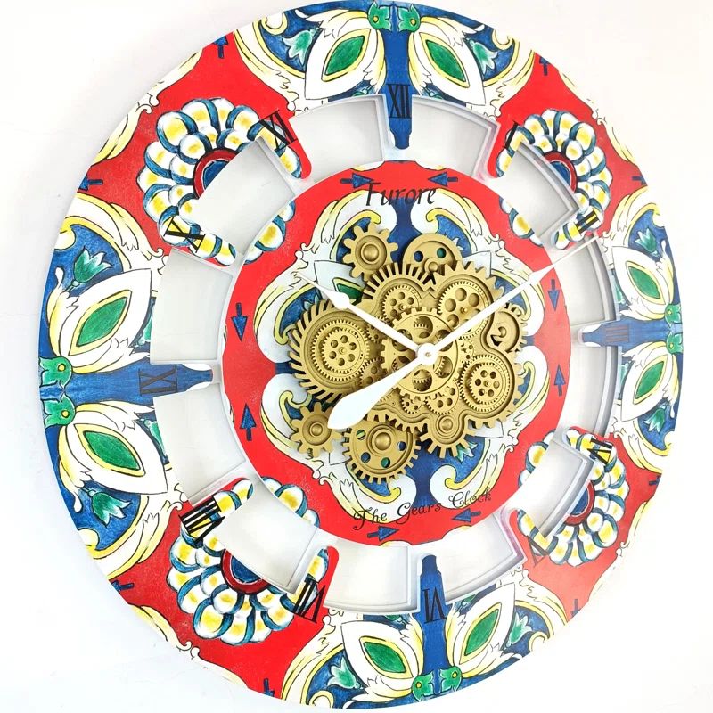 Oversized 36" Multicolor Wood Wall Clock with Moving Gears