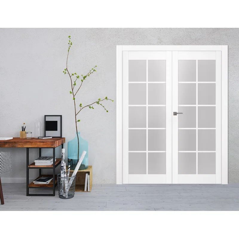White Frosted Glass Wood Composite Double Prehung French Door