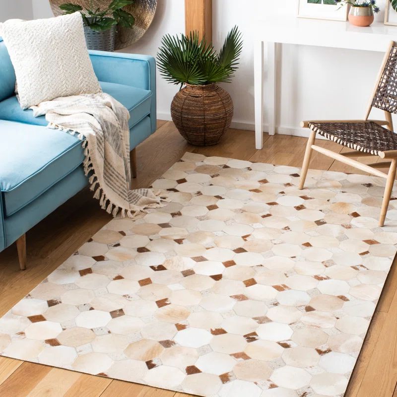 Ivory and Brown Geometric Cowhide Flat Woven Rug, 8' x 10'