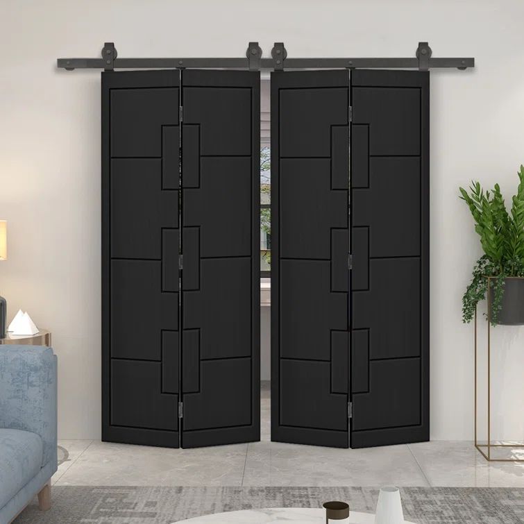 72 in. x 84 in. Black Painted MDF Modern Bi-Fold Barn Door with Sliding Hardware Kit