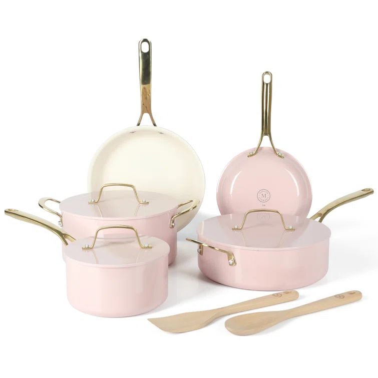 Pink and Gold Nonstick Enamel Aluminum Cookware Set, 10-Piece