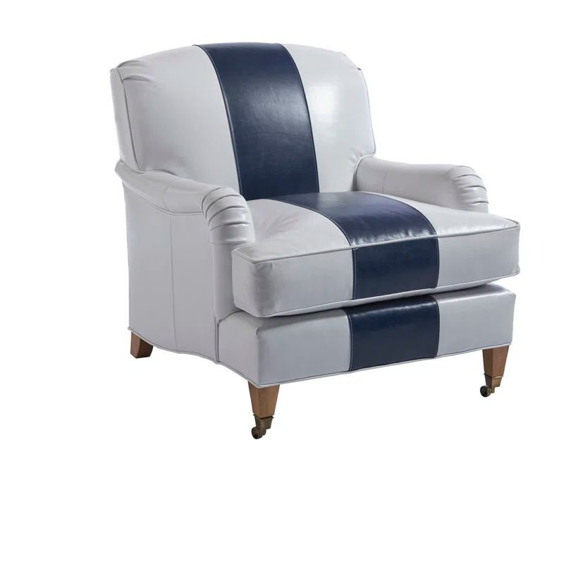 Handcrafted White and Blue Leather Armchair with Brass Casters