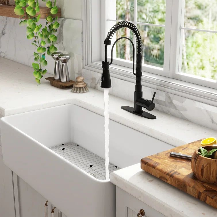 36'' White Fireclay Farmhouse Kitchen Sink with Matte Black Faucet