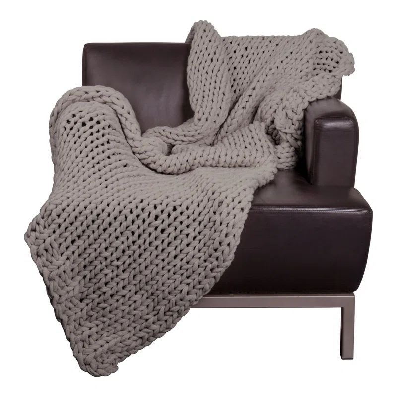 Chunky Light Grey Faux Fur Arm Knit Blanket, 40 x 78 in.
