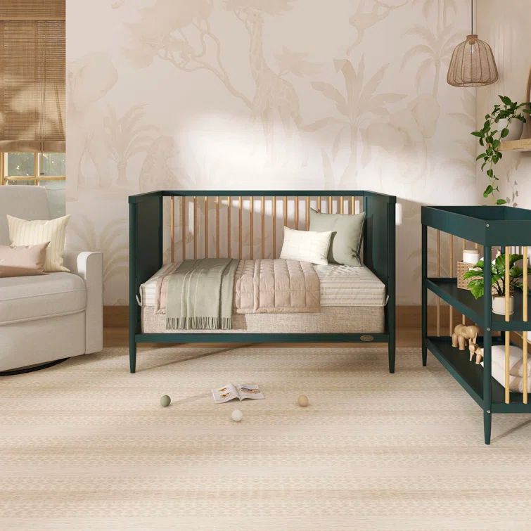 Olive Green and Natural Wood Convertible Crib with Rounded Spindles
