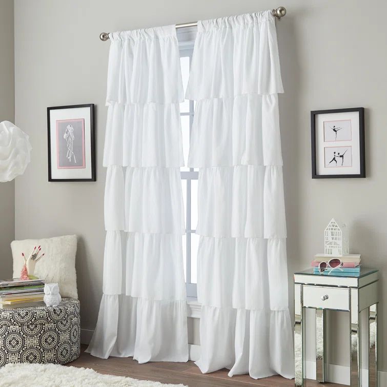 White Semi-Sheer Polyester Ruffled Rod Pocket Curtain Panel
