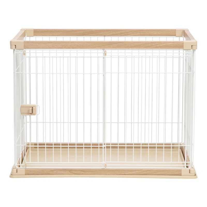 Medium Light Brown and White Metal Pet Playpen with Sliding Door