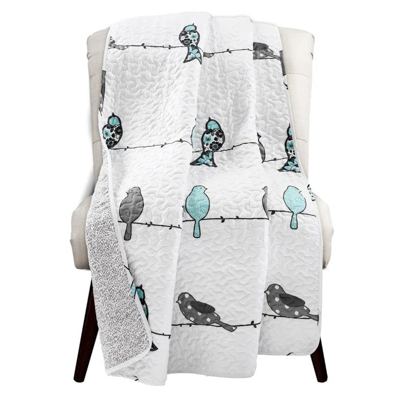 Blue and Gray Reversible Cotton Bird Pattern Throw Blanket