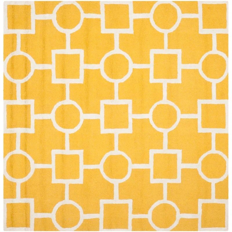 Gold and Ivory Hand-Tufted Wool Geometric Square Rug