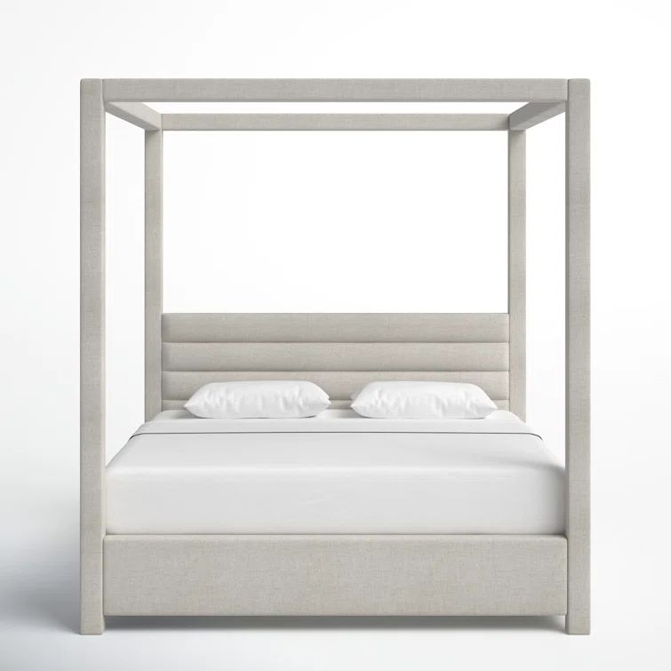Gray Acacia Upholstered Canopy Bed with Linen Headboard