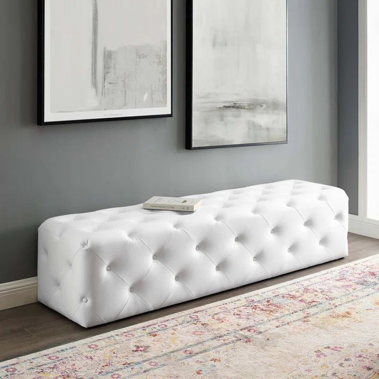 48" Luxe White Faux Leather Tufted Entryway Bench