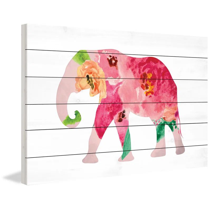 Floral Elephant Painting Print on White Wood Canvas