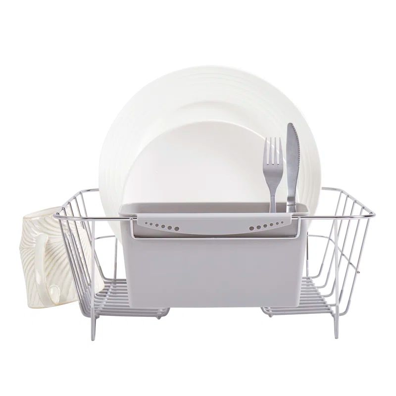 Compact Silver Stainless Steel Dish Drying Rack with Utensil Holder