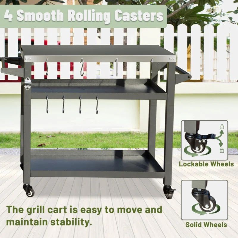 Black 3-Shelf Stainless Steel Outdoor Grill Cart with Wheels