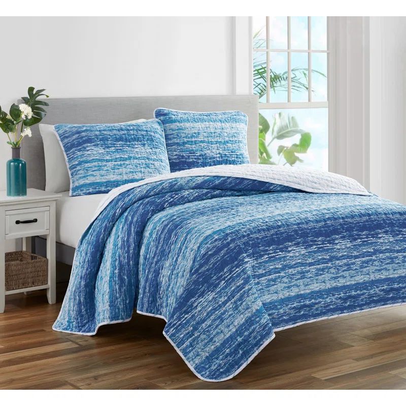 Ocean Stripe Blue Cotton Twin Quilt Bedding Set