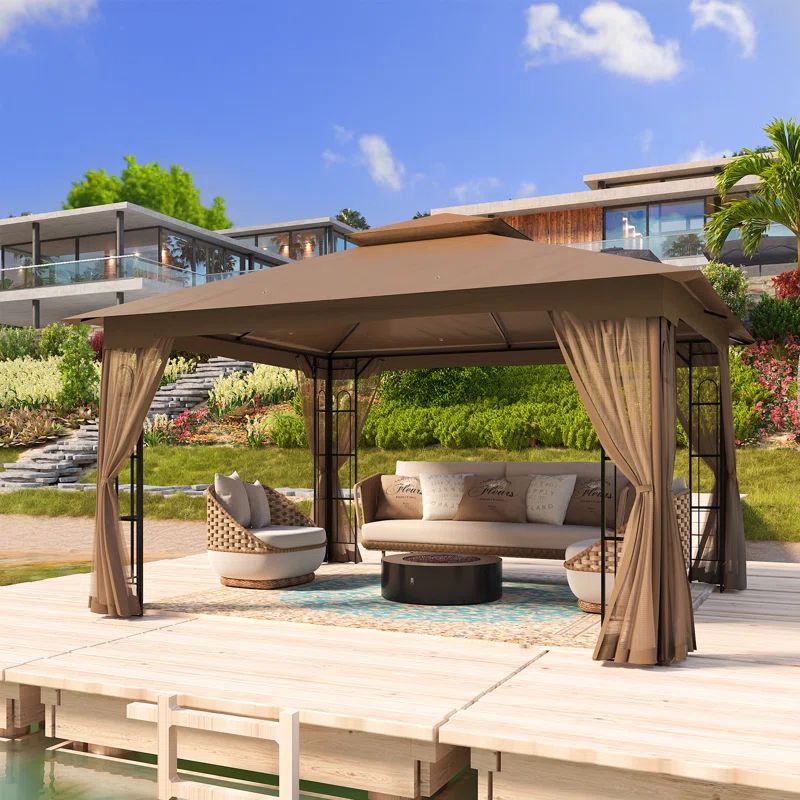 Brown 13x11 Metal Patio Gazebo with Netting
