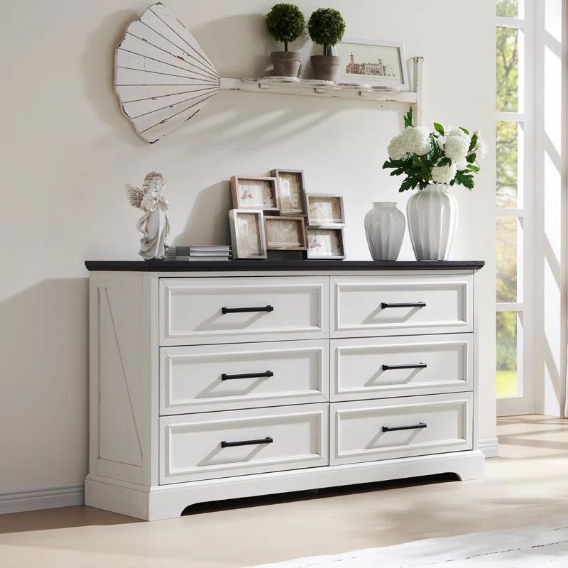 White and Black Farmhouse 52" Dresser with Extra Deep Drawers