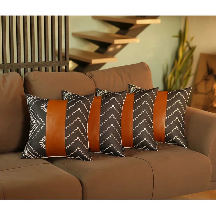 Chevron Black and Brown Faux Leather Euro Pillow Covers, Set of 4