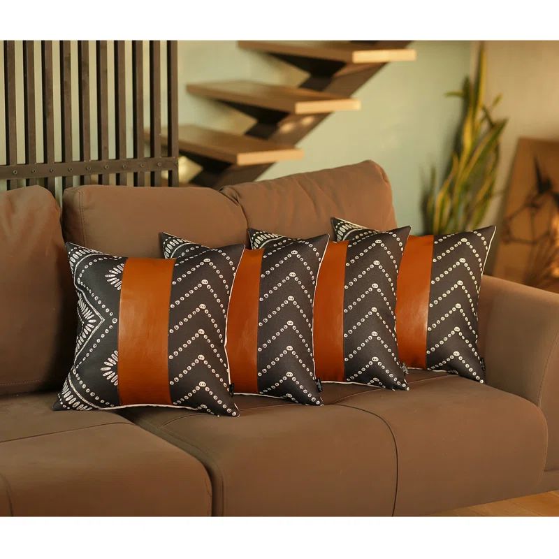 Chevron Black and Brown Faux Leather Euro Pillow Covers, Set of 4