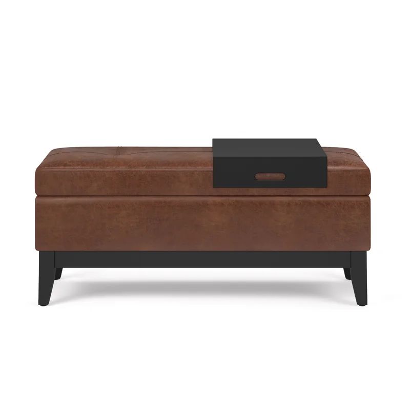 Distressed Saddle Brown Tufted Faux Leather Footstool with Tray