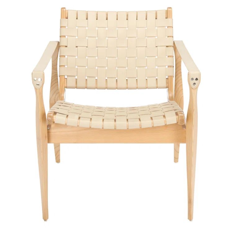 Cherry Mahogany & Woven Leather Safari Accent Chair - White