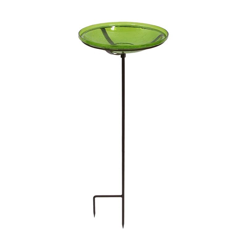 Fern Green Hand Blown Glass Birdbath with Stake