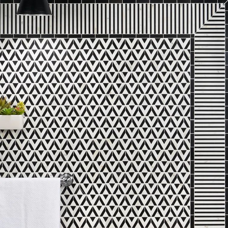 Black and White Geometric Polished Marble Mosaic Tile Sheet