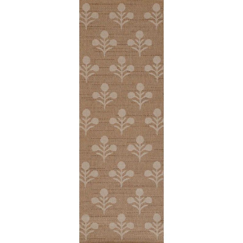 Beige Floral Diamond Pattern Indoor Outdoor Runner Rug